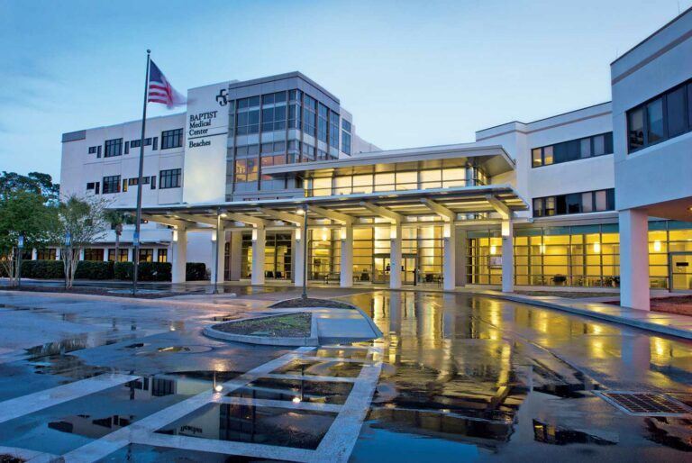 A Baptist Health hospital in Jacksonville, Fla turns on the lights at dusk