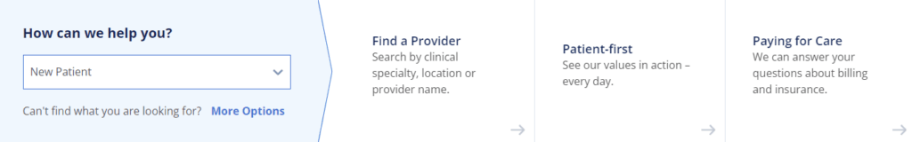 Northside Hospital’s website homepage showing the “I am a New Patient” CTA, with resources to find a provider, review the hospital’s patient-first values and pay for care